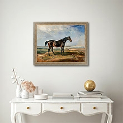 «Racehorse Standing in a Coastal Landscape an Estuary Beyond 1820» в интерьере классической спальни с темными стенами «Racehorse Standing in a Coastal Landscape an Estuary Beyond 1820» в интерьере классической спальни с темными стенами