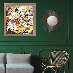 «A Pillow Fight, illustration from 'Peter Pan' by J.M. Barrie» в интерьере классической гостиной с зеленой стеной над диваном «A Pillow Fight, illustration from 'Peter Pan' by J.M. Barrie» в интерьере классической гостиной с зеленой стеной над диваном