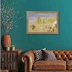 «The Ramesseum at Thebes, c.1850» в интерьере гостиной с зеленой стеной над диваном «The Ramesseum at Thebes, c.1850» в интерьере гостиной с зеленой стеной над диваном