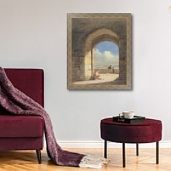 «An Arch at Holy Island, Northumberland, 1809» в интерьере гостиной в бордовых тонах «An Arch at Holy Island, Northumberland, 1809» в интерьере гостиной в бордовых тонах