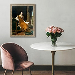 «Portrait of Yelizaveta Demidova, c.1805» в интерьере гостиной с зеленой стеной над диваном «Portrait of Yelizaveta Demidova, c.1805» в интерьере гостиной с зеленой стеной над диваном