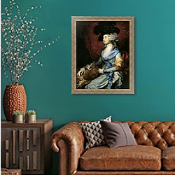 «Mrs Sarah Siddons, the actress, 1785» в интерьере гостиной с зеленой стеной над диваном «Mrs Sarah Siddons, the actress, 1785» в интерьере гостиной с зеленой стеной над диваном