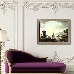 «A View of the Harbour at Genoa, 1773» в интерьере в классическом стиле над банкеткой «A View of the Harbour at Genoa, 1773» в интерьере в классическом стиле над банкеткой