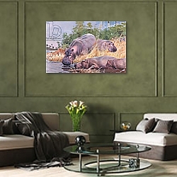 «Hippopotamus, illustration from'Wildlife of the World', c.1910» в интерьере классической гостиной с зеленой стеной над диваном «Hippopotamus, illustration from'Wildlife of the World', c.1910» в интерьере классической гостиной с зеленой стеной над диваном