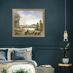 «Hamburg After the Fire, 1842» в интерьере классической спальни с темными стенами «Hamburg After the Fire, 1842» в интерьере классической спальни с темными стенами
