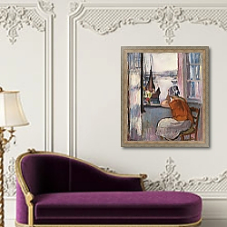 «Young Girl at the Window Opposite the Island of Yeu,» в интерьере в классическом стиле над банкеткой «Young Girl at the Window Opposite the Island of Yeu,» в интерьере в классическом стиле над банкеткой