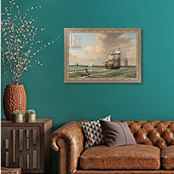 «Ships Leaving Boston Harbor, 1847» в интерьере гостиной с зеленой стеной над диваном «Ships Leaving Boston Harbor, 1847» в интерьере гостиной с зеленой стеной над диваном