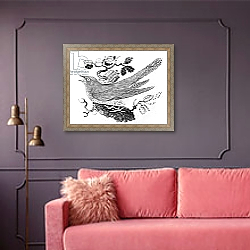 «The Cuckoo from the 'History of British Birds' Volume I, pub. 1797» в интерьере гостиной с розовым диваном «The Cuckoo from the 'History of British Birds' Volume I, pub. 1797» в интерьере гостиной с розовым диваном