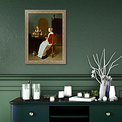 «An interior with a lute player and a woman holding a parrot» в интерьере прихожей в зеленых тонах над комодом «An interior with a lute player and a woman holding a parrot» в интерьере прихожей в зеленых тонах над комодом