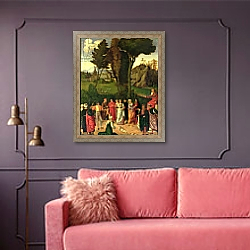 «The Judgement of Solomon, 1505» в интерьере гостиной с розовым диваном «The Judgement of Solomon, 1505» в интерьере гостиной с розовым диваном