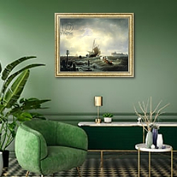 «The Entrance to the Harbour at Hellevoetsluys, 1850» в интерьере гостиной в зеленых тонах «The Entrance to the Harbour at Hellevoetsluys, 1850» в интерьере гостиной в зеленых тонах