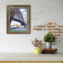 «Orient Liner passing under Sydney's Famous Bridge» в интерьере кабинета с кирпичными стенами над письменным столом «Orient Liner passing under Sydney's Famous Bridge» в интерьере кабинета с кирпичными стенами над письменным столом