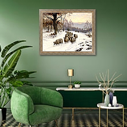 «A Shepherd and his Flock on a Path in Winter,» в интерьере в классическом стиле в синих тонах «A Shepherd and his Flock on a Path in Winter,» в интерьере в классическом стиле в синих тонах