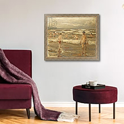 «Boys Bathing in the Sea; Badende Knaben im Meer, 1899» в интерьере гостиной в бордовых тонах «Boys Bathing in the Sea; Badende Knaben im Meer, 1899» в интерьере гостиной в бордовых тонах