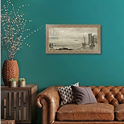 «Seashore Study: Low Tide, with Fishing Boats and Fisherfolk, 19th century» в интерьере гостиной с розовым диваном «Seashore Study: Low Tide, with Fishing Boats and Fisherfolk, 19th century» в интерьере гостиной с розовым диваном