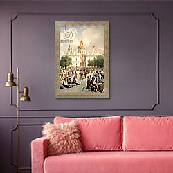 «The Great Church of Kievo-Pecherskaya Lavra in Kiev, 1905» в интерьере гостиной с розовым диваном «The Great Church of Kievo-Pecherskaya Lavra in Kiev, 1905» в интерьере гостиной с розовым диваном