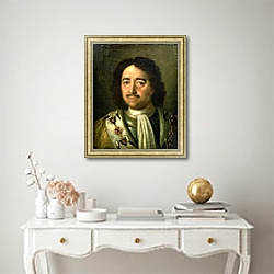 «Portrait of Tsar Peter I the Great 1772» в интерьере классической спальни с темными стенами «Portrait of Tsar Peter I the Great 1772» в интерьере классической спальни с темными стенами