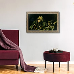 «Two Old Men Eating, one of the 'Black Paintings', 1819-23» в интерьере гостиной в бордовых тонах «Two Old Men Eating, one of the 'Black Paintings', 1819-23» в интерьере гостиной в бордовых тонах