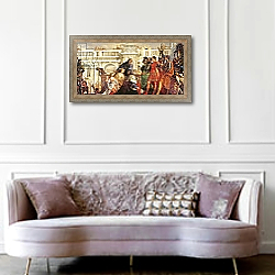 «The Family of Darius before Alexander the Great, 1565-67» в интерьере классической гостиной с зеленой стеной над диваном «The Family of Darius before Alexander the Great, 1565-67» в интерьере классической гостиной с зеленой стеной над диваном
