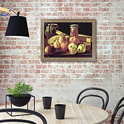 «Still Life with Pomegranates, Apples, a Pot of Jam and a Stone Pot» в интерьере современной кухни с кирпичной стеной «Still Life with Pomegranates, Apples, a Pot of Jam and a Stone Pot» в интерьере современной кухни с кирпичной стеной