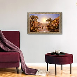 «Indian Summer on the Delaware River, 1862» в интерьере гостиной в бордовых тонах «Indian Summer on the Delaware River, 1862» в интерьере гостиной в бордовых тонах