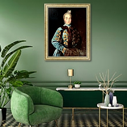 «Portrait of Countess Anna Sheremetyeva, c.1768» в интерьере гостиной в зеленых тонах «Portrait of Countess Anna Sheremetyeva, c.1768» в интерьере гостиной в зеленых тонах