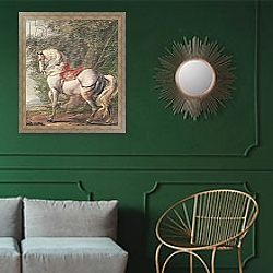 «A White Horse» в интерьере классической гостиной с зеленой стеной над диваном «A White Horse» в интерьере классической гостиной с зеленой стеной над диваном