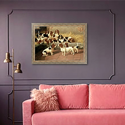 «Basset Hounds in a Kennel, 1894» в интерьере гостиной с зеленой стеной над диваном «Basset Hounds in a Kennel, 1894» в интерьере гостиной с зеленой стеной над диваном