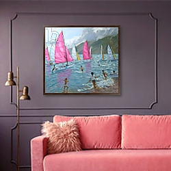 «Pink and white sails,Lefkas,2007,» в интерьере гостиной с зеленой стеной над диваном «Pink and white sails,Lefkas,2007,» в интерьере гостиной с зеленой стеной над диваном