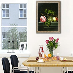 «A Still Life with a Rose, Grapes and Peach, 17th century» в интерьере кухни рядом с окном «A Still Life with a Rose, Grapes and Peach, 17th century» в интерьере кухни рядом с окном