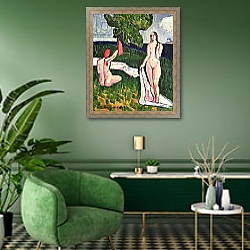 «Two Bathers under a Tree, 1889» в интерьере гостиной в зеленых тонах «Two Bathers under a Tree, 1889» в интерьере гостиной в зеленых тонах