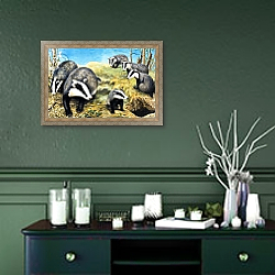 «Badgers, from 'Nature Wonderland', 1970» в интерьере прихожей в зеленых тонах над комодом «Badgers, from 'Nature Wonderland', 1970» в интерьере прихожей в зеленых тонах над комодом