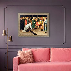«Christ and the women taken in adultery, 1628» в интерьере гостиной с розовым диваном «Christ and the women taken in adultery, 1628» в интерьере гостиной с розовым диваном