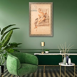 «Semi-nude woman seated on a chaise longue, holding her foot» в интерьере гостиной в зеленых тонах «Semi-nude woman seated on a chaise longue, holding her foot» в интерьере гостиной в зеленых тонах