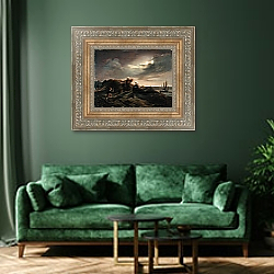 «On the Coast near Scheveningen, 1842» в интерьере зеленой гостиной над диваном «On the Coast near Scheveningen, 1842» в интерьере зеленой гостиной над диваном