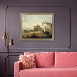 «A Stage Coach on a Country Road, 1792» в интерьере гостиной с розовым диваном «A Stage Coach on a Country Road, 1792» в интерьере гостиной с розовым диваном