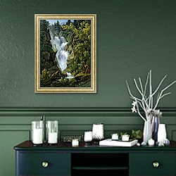 «Waterfall in the Bern Highlands, 1796» в интерьере прихожей в зеленых тонах над комодом «Waterfall in the Bern Highlands, 1796» в интерьере прихожей в зеленых тонах над комодом
