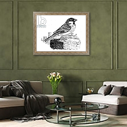 «The House Sparrow, illustration from 'A History of British Birds', 1797» в интерьере гостиной в оливковых тонах «The House Sparrow, illustration from 'A History of British Birds', 1797» в интерьере гостиной в оливковых тонах