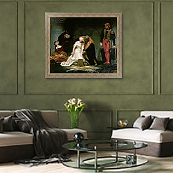 «The Execution of Lady Jane Grey, 1833» в интерьере гостиной в оливковых тонах «The Execution of Lady Jane Grey, 1833» в интерьере гостиной в оливковых тонах