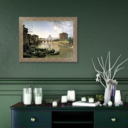 «New Rome with the Castel Sant'Angelo, 1825 (oil on canvas» в интерьере в классическом стиле в синих тонах «New Rome with the Castel Sant'Angelo, 1825 (oil on canvas» в интерьере в классическом стиле в синих тонах