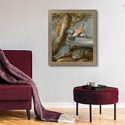 «Jay, Green Woodpecker, Pigeons and Redstart, c.1650» в интерьере гостиной в бордовых тонах «Jay, Green Woodpecker, Pigeons and Redstart, c.1650» в интерьере гостиной в бордовых тонах
