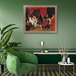«Francis I Receives the Last Breaths of Leonardo da Vinci 1818» в интерьере гостиной в зеленых тонах «Francis I Receives the Last Breaths of Leonardo da Vinci 1818» в интерьере гостиной в зеленых тонах