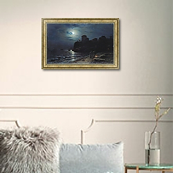 «Moonlight on the Edge of a Lake, 1870» в интерьере гостиной в зеленых тонах «Moonlight on the Edge of a Lake, 1870» в интерьере гостиной в зеленых тонах