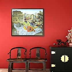 «Still Life with Papaya and Cityscape, 2000» в интерьере гостиной в этническом стиле над столом «Still Life with Papaya and Cityscape, 2000» в интерьере гостиной в этническом стиле над столом