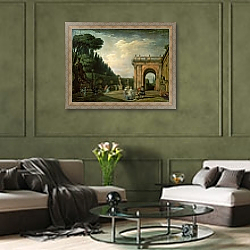 «The Gardens of the Villa Ludovisi, Rome, 1749» в интерьере гостиной в оливковых тонах «The Gardens of the Villa Ludovisi, Rome, 1749» в интерьере гостиной в оливковых тонах