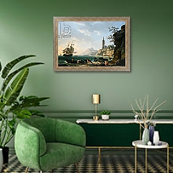 «A Coastal Mediterranean Landscape with a Dutch Merchantman in a Bay, 1769» в интерьере гостиной в зеленых тонах «A Coastal Mediterranean Landscape with a Dutch Merchantman in a Bay, 1769» в интерьере гостиной в зеленых тонах