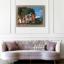 «Athene and the Nine Muses at the Wells of Hipokrene, 1624» в интерьере гостиной в классическом стиле над диваном «Athene and the Nine Muses at the Wells of Hipokrene, 1624» в интерьере гостиной в классическом стиле над диваном