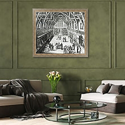 «Westminster Hall, The First Day of Term, A Satirical Poem, 1797 engraved by C.Mosley» в интерьере гостиной в оливковых тонах «Westminster Hall, The First Day of Term, A Satirical Poem, 1797 engraved by C.Mosley» в интерьере гостиной в оливковых тонах