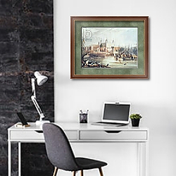 «View of the Tower of London, engraved by Daniel Havell pub. in Ackermann's Repository of Arts, 1819» в интерьере кабинета в черно-белых цветах «View of the Tower of London, engraved by Daniel Havell pub. in Ackermann's Repository of Arts, 1819» в интерьере кабинета в черно-белых цветах