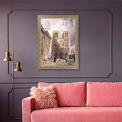 «The Cathedral of Notre Dame, Paris, 1836» в интерьере гостиной в бордовых тонах «The Cathedral of Notre Dame, Paris, 1836» в интерьере гостиной в бордовых тонах